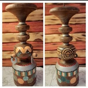 ONE upcycled vtg wood candle holder Tribal handpainted